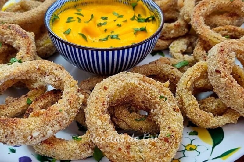 Aros de Cebolla Crocantes sin Gluten, sin Huevo y sin Aceite! Acompañado de una deliciosa Mayonesa Vegetal